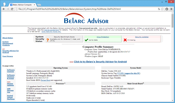 Programa para ver informações do hardware - Belarc Advisor